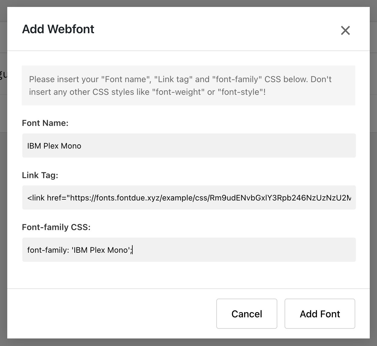 Lay Theme Add Webfont dialog filled with the IBM Plex Mono link tag and font-family CSS