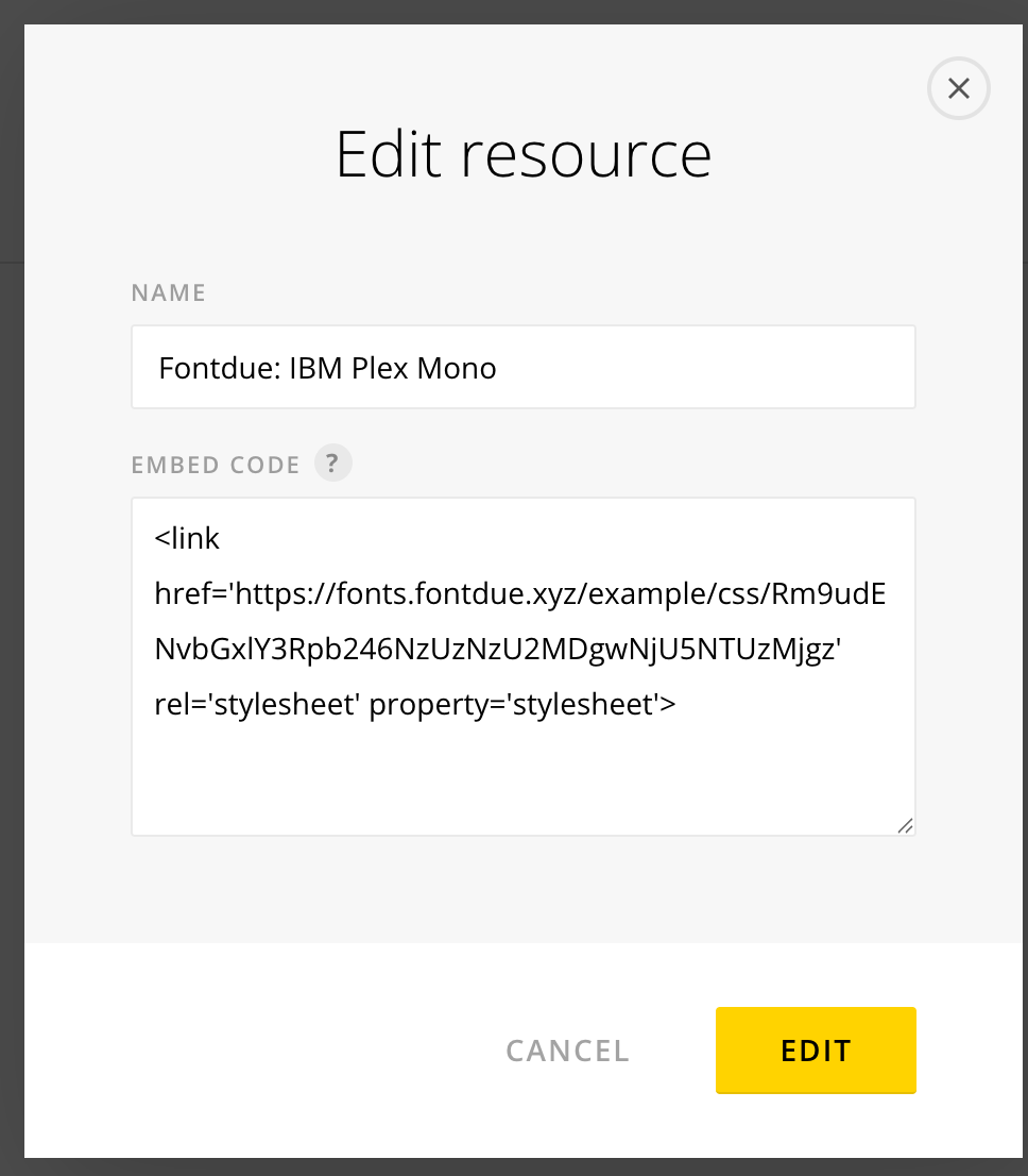Semplice resource dialog showing the Fontdue embed code