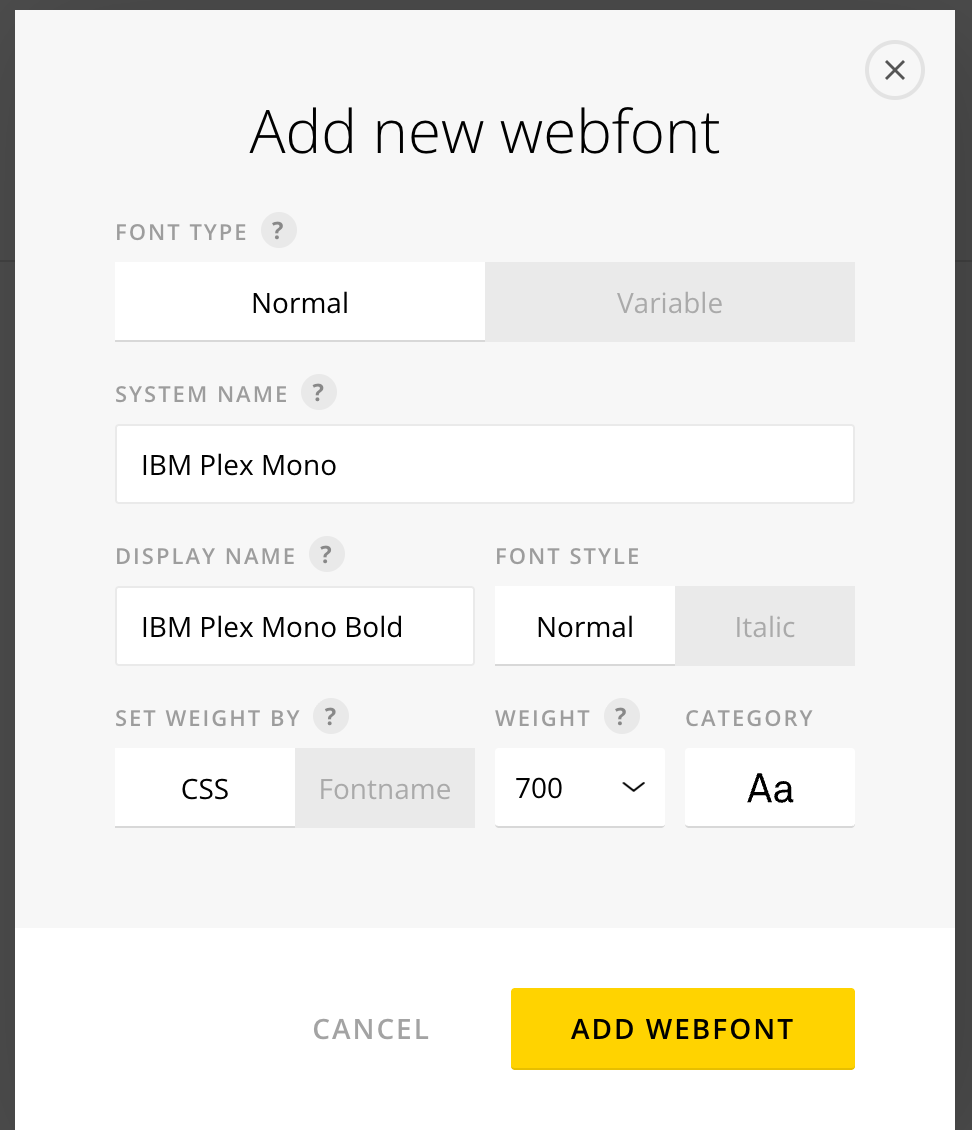 Semplice webfont dialog with Set weight by set to CSS