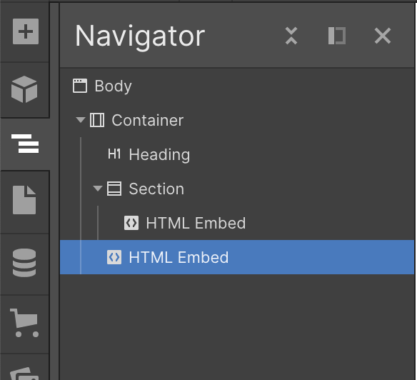 Webflow Navigator panel showing HTML Embed elements